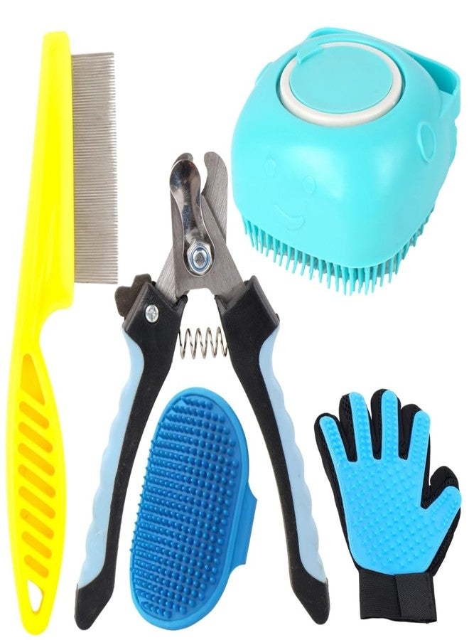 مجموعة العناية بالحيوانات الأليفة، طقم من 5 قطع مع مقص أظافر، وفرشاة لإزالة الشعر الزائد، وقفاز للعناية، ومشط للبراغيث، وفرشاة تدليك للكلاب - Image 1